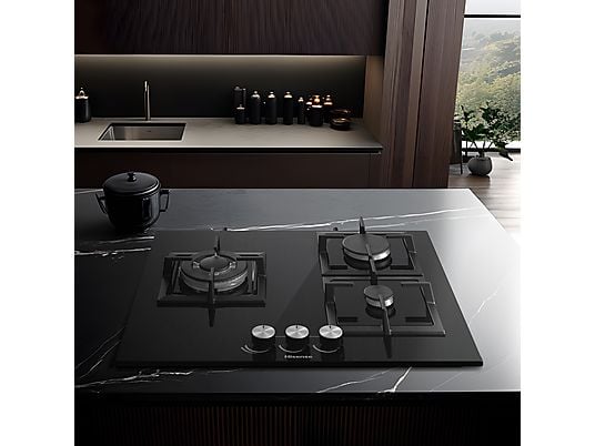 Placa de gas - Hisense GG633B, 3 zonas, 58 cm, Gas Natural, Encendido fácil, Fogón Wok, Cristal Negro