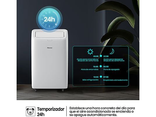 Aire acondicionado portátil - Hisense APC09QC, 2236 fgh, 3 velocidades, Deshumidificador, Super Cool, Mando a distancia, Kit Ventana, Wi-Fi, Blanco