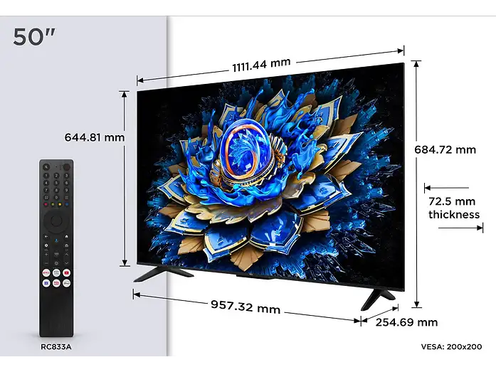 TV QLED 50 - TCL 50T69C, UHD 4K, Procesador AiPQ, Smart TV, DVB-T2, Negro