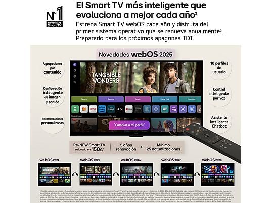 TV OLED 97 - LG OLED97G54LW, OLED 4K, Procesador Inteligente α11 AI Processor 4K Gen2, Smart TV, Gallery Design, Rocky Black