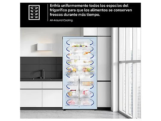 Frigorífico americano - Samsung Bespoke AI RS70F64KETEF, All Around Cooling, No Frost, 178.4 cm, 640 l, Dispensador agua y hielo, Inox