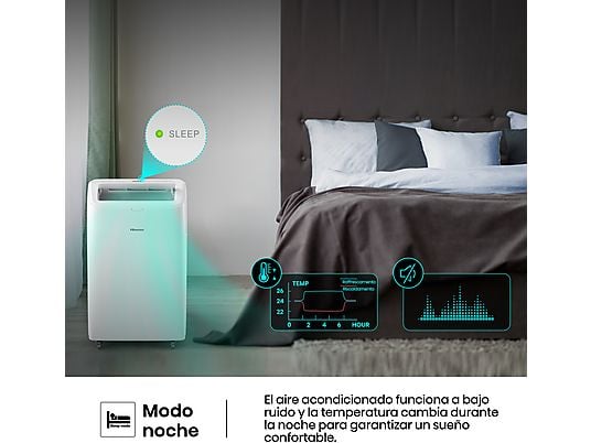 Aire acondicionado portátil - Hisense APC09QC, 2236 fgh, 3 velocidades, Deshumidificador, Super Cool, Mando a distancia, Kit Ventana, Wi-Fi, Blanco