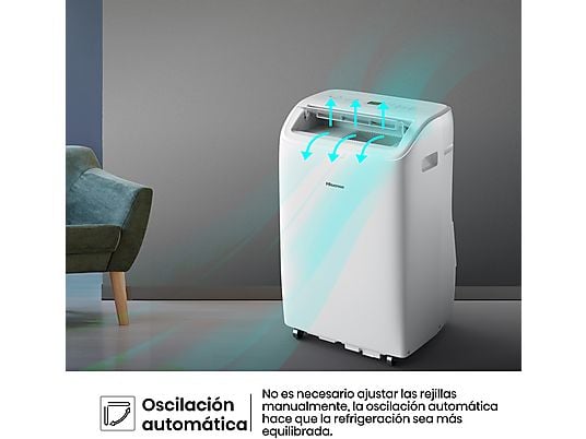 Aire acondicionado portátil - Hisense APC09QC, 2236 fgh, 3 velocidades, Deshumidificador, Super Cool, Mando a distancia, Kit Ventana, Wi-Fi, Blanco