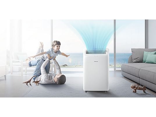 Aire acondicionado portátil - Hisense APC09QC, 2236 fgh, 3 velocidades, Deshumidificador, Super Cool, Mando a distancia, Kit Ventana, Wi-Fi, Blanco