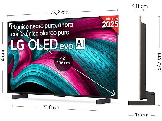 TV OLED 42 - LG OLED42C55LA, OLED 4K, Procesador Inteligente α9 AI Processor 4K Gen8, Smart TV, DVB-T2 (H.265), Negro