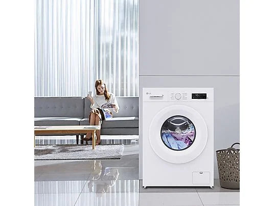 Lavadora carga frontal - LG F4X1008NWH, 8 kg, 1400 rpm, 10 programas, AI Direct Drive™, ThinQ™, Blanco Marfil