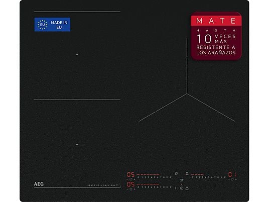 Placa inducción - AEG TI63IQ10IZ, 3 zonas, Zona grande 28 cm, SaphirMatt, 58 cm, Negro Mate