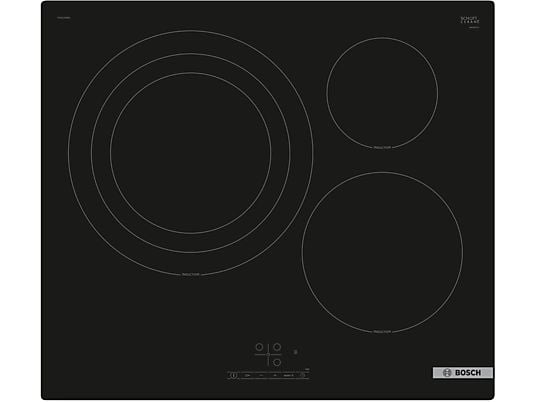 Placa inducción - Bosch PID61RBB5E, 3 zonas, Zona grande 32 cm, 17 niveles, Control TouchSelect, Negro