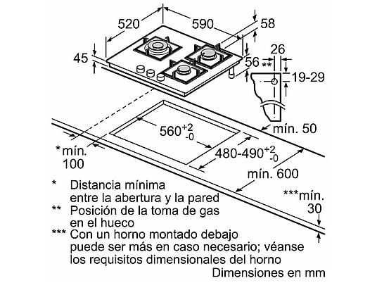 Placa de gas - Bosch PPC6A6I10, 3 zonas, Ancho 59 cm, Gas natural, Vidrio templado, Negro