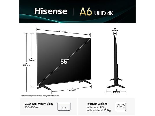 TV LED 55 - HISENSE 55A6Q, UHD 4K, Quad CoreMT9603, Smart TV, DVB-T2 (H.265), Negro