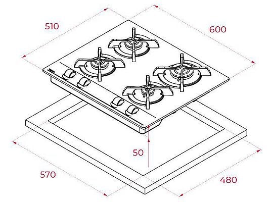 Placa de gas - Teka GBC 6400, 4 zonas, Gas natural, Mandos frontales ergonómicos, 60 cm, Negro