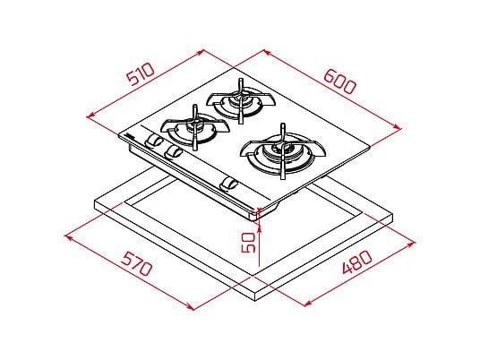 Placa de gas - Teka GBC 63010, 3 zonas, Gas natural, Mandos frontales ergonómicos, 60 cm, Negro