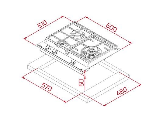 Placa de gas - Teka GZC 63310, 3 zonas, Gas natural, ExactFlame, 60 cm, Negro