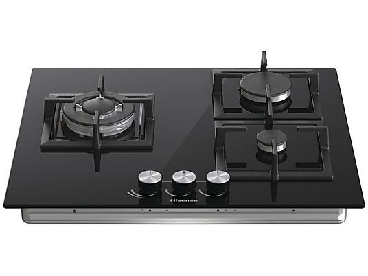 Placa de gas - Hisense GG633B, 3 zonas, 58 cm, Gas Natural, Encendido fácil, Fogón Wok, Cristal Negro
