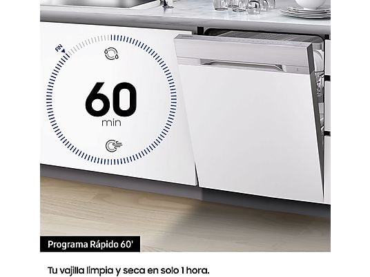 Lavavajillas - Samsung DW60M6050FS, 14 servicios, 7 programas, 59.8 cm, Función Higiene, Configuración Flexible, Inox