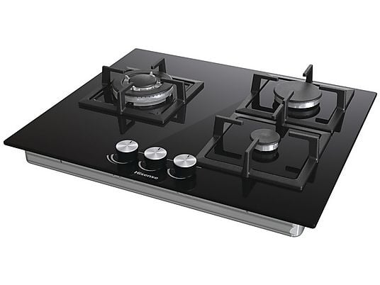 Placa de gas - Hisense GG633B, 3 zonas, 58 cm, Gas Natural, Encendido fácil, Fogón Wok, Cristal Negro