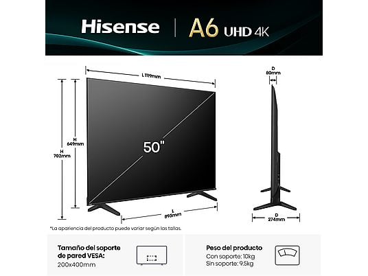 TV LED 50 - Hisense 50A6Q, UHD 4K, Quad CoreMT9603, IA 4K Upscaler, Modo Juego Plus, Control por voz, Negro