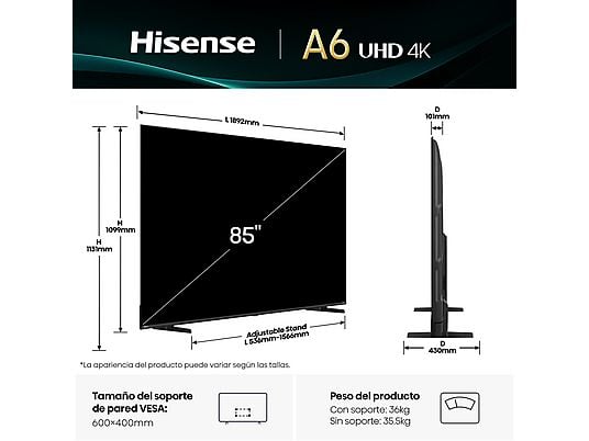 TV LED 85 - Hisense 85A6Q, UHD 4K, Quad CoreMT9603, IA 4K Upscaler, Modo Juego Plus, Control por voz, Negro