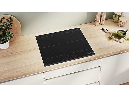 Placa inducción - Bosch PVQ631HC1E, 4 zonas, 30 x 21 cm, 59.2 cm, Negro