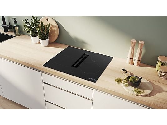 Placa inducción con extractor integrado - Bosch PVS611B16E, 4 Zonas, Zona Flex, CombiInducción, Touch Select, Negro