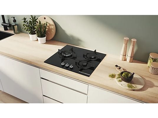 Placa de gas - Bosch PPC6A6I10, 3 zonas, Ancho 59 cm, Gas natural, Vidrio templado, Negro
