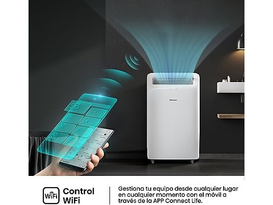 Aire acondicionado portátil - Hisense APC09QC, 2236 fgh, 3 velocidades, Deshumidificador, Super Cool, Mando a distancia, Kit Ventana, Wi-Fi, Blanco