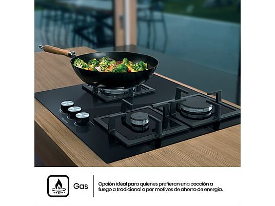 Placa de gas - Hisense GG633B, 3 zonas, 58 cm, Gas Natural, Encendido fácil, Fogón Wok, Cristal Negro