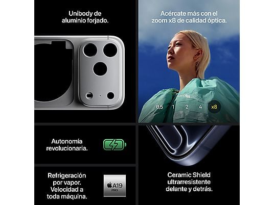 Apple iPhone 17 Pro Max, Plata, 256 GB, 5G, 6.3 OLED Super Retina XDR, Chip A19 Pro, iOS