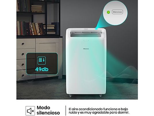 Aire acondicionado portátil - Hisense APC09QC, 2236 fgh, 3 velocidades, Deshumidificador, Super Cool, Mando a distancia, Kit Ventana, Wi-Fi, Blanco