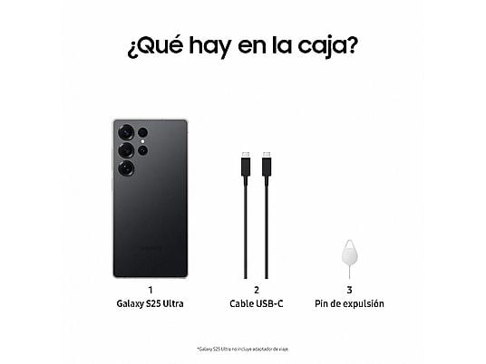 Móvil - Samsung Galaxy S25 Ultra, Titanium Black, 512 GB, 12 GB RAM, 6.9 WQHD+, Snapdragon 8, 5000 mAh, Android 15
