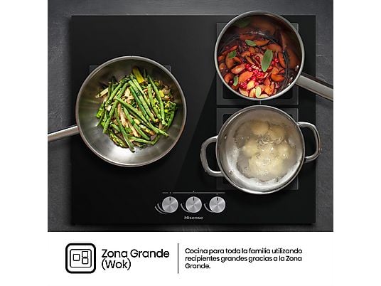 Placa de gas - Hisense GG633B, 3 zonas, 58 cm, Gas Natural, Encendido fácil, Fogón Wok, Cristal Negro