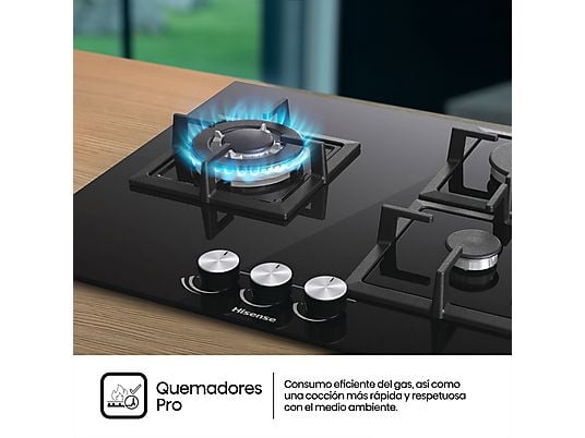 Placa de gas - Hisense GG633B, 3 zonas, 58 cm, Gas Natural, Encendido fácil, Fogón Wok, Cristal Negro