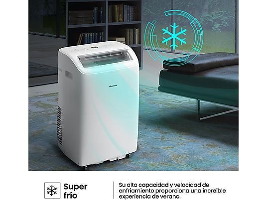 Aire acondicionado portátil - Hisense APC09QC, 2236 fgh, 3 velocidades, Deshumidificador, Super Cool, Mando a distancia, Kit Ventana, Wi-Fi, Blanco