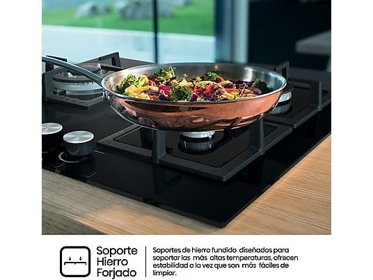 Placa de gas - Hisense GG633B, 3 zonas, 58 cm, Gas Natural, Encendido fácil, Fogón Wok, Cristal Negro