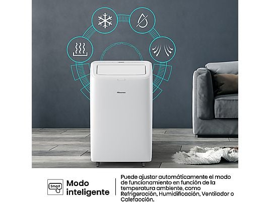Aire acondicionado portátil - Hisense APC09QC, 2236 fgh, 3 velocidades, Deshumidificador, Super Cool, Mando a distancia, Kit Ventana, Wi-Fi, Blanco