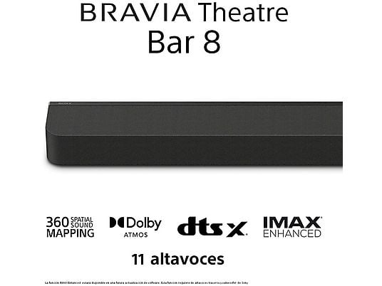 Barra de sonido - Sony BRAVIA Theatre Bar 8, Dolby Atmos, 11 altavoces, WiFi, Bluetooth, 360 Spatial Sound Mapping, 495W, Apple Airplay, HTA8000