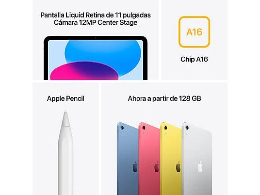 Apple iPad (11ªgen), 128GB, Plata, WiFi, 11, Retina, Chip A16 Bionic, iPadOS 18, Cable de carga USB‑C, Sin Adaptador de corriente