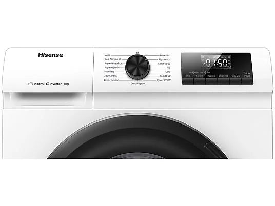 Lavadora carga frontal - Hisense WF1Q8041BW, 8 kg, 1400 Rpm, Función Vapor, Eficiencia A-20%, Blanco