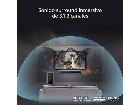 Barra de sonido - Sony BRAVIA Theatre Bar 6 (HTB600), 3.1.2 envolventes con subwoofer, Altavoces ascendentes, Dolby Atmos, DTS:X, Voice Zoom 3 con IA