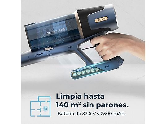 Aspirador escoba - Cecotec Conga Rockstar RS70 Pet Flex, 500 W, 65 min Autonomía, Sin Bolsa, Cepillo para Animales, Negro/Dorado