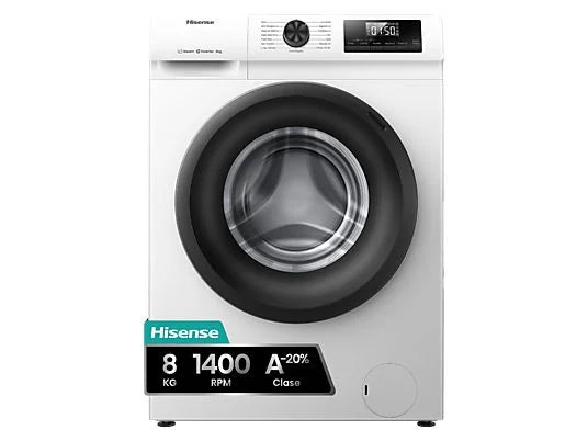 Lavadora carga frontal - Hisense WF1Q8041BW, 8 kg, 1400 Rpm, Función Vapor, Eficiencia A-20%, Blanco