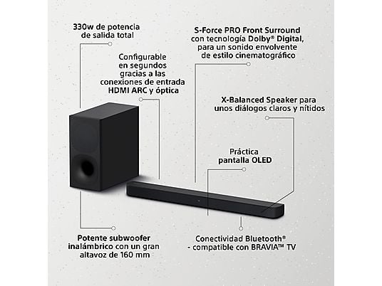 Barra de sonido - Sony HT-S400, Bluetooth, Subwoofer inalámbrico, 330 W, S-Force PRO Surround, Negro