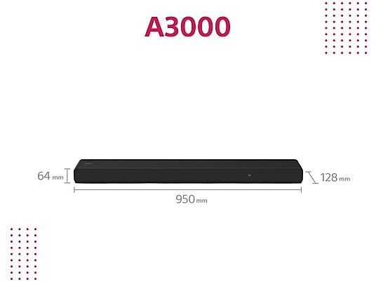 Barra de sonido - Sony HT-A3000, 3.1 Canales, Dolby Atmos, Bluetooth, Wifi, Subwoofer integrado, 250 W, Alexa, Google Home, Negro