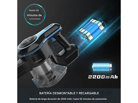 Aspirador escoba - INSE N5, Autonomía 55min, Potencia de succión 30KPa, 21 V, Depósito 1,2 l, azul